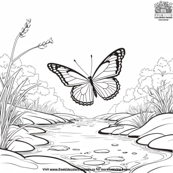 Butterfly beside a stream coloring pages