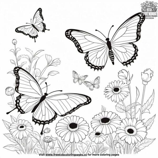 Butterfly dance among flowers coloring pages