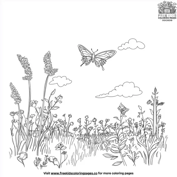 Butterfly flying over a flower field coloring pages