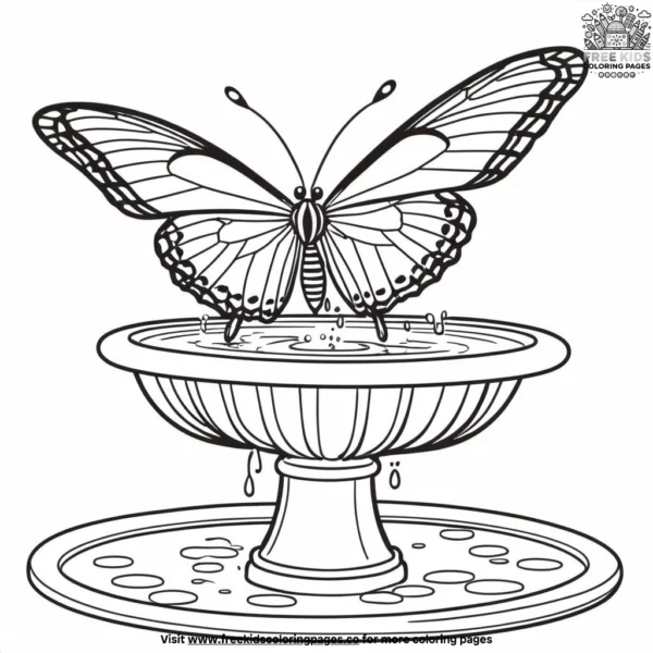 Butterfly near a birdbath coloring pages