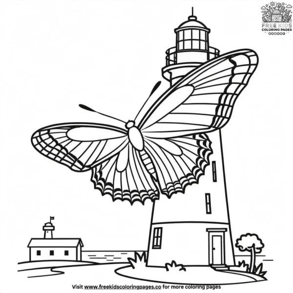 Butterfly near a lighthouse coloring pages