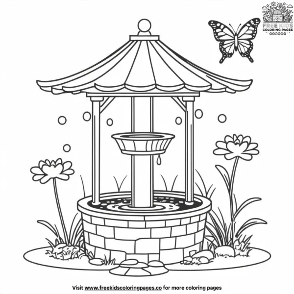 Butterfly near a wishing well coloring pages