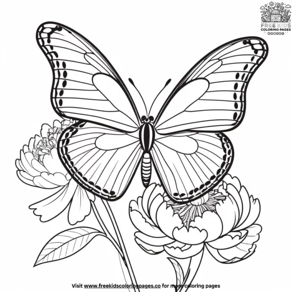 Butterfly on a peony coloring pages