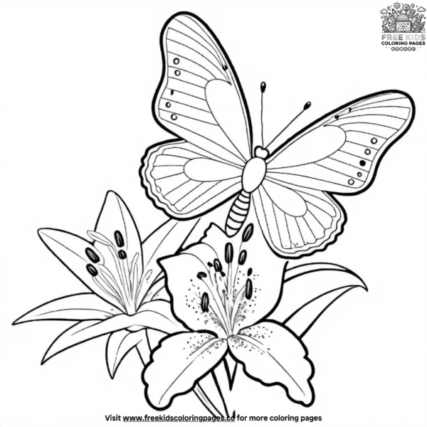 Butterfly resting on a lily coloring pages