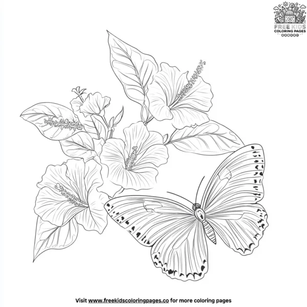 Butterfly and hibiscus flowers coloring pages