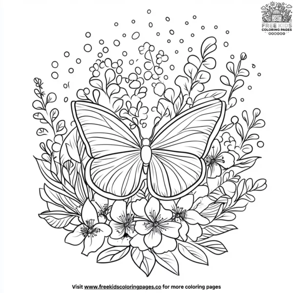 Butterfly and spring blooms coloring pages