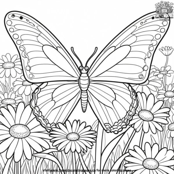 Butterfly on a daisy field coloring pages