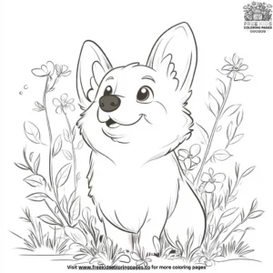 Corgi in the Garden Coloring Pages