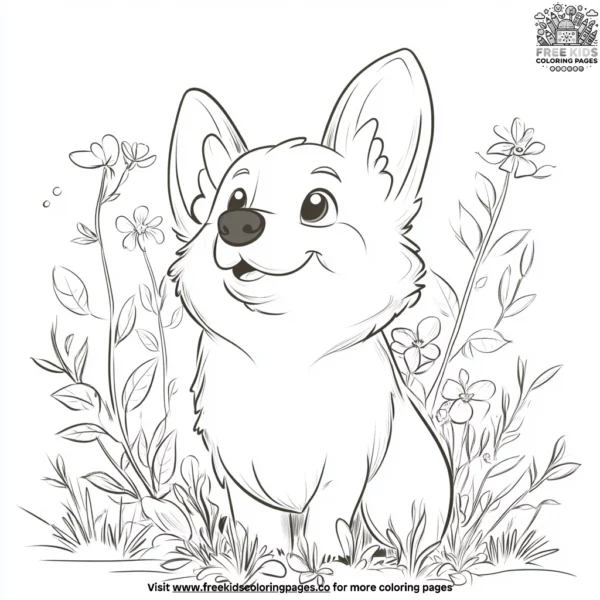 Corgi in the garden coloring pages