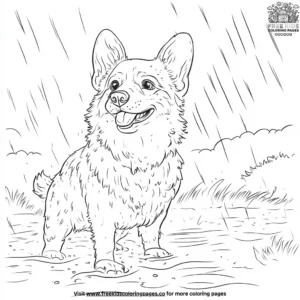 Corgi in the Rain Coloring Pages