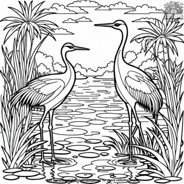 Cranes in the pond coloring pages