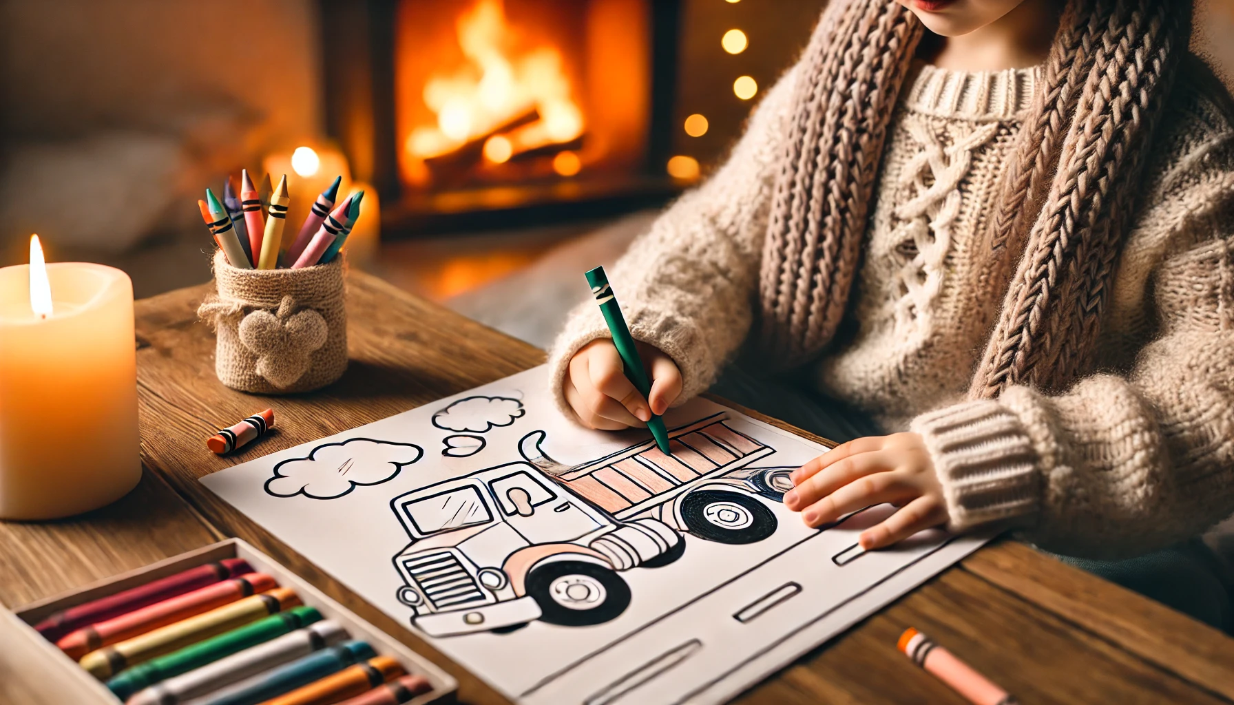 DALL·E 2024-10-21 19.16.37 - A high-definition cozy scene featuring a child coloring a truck-themed coloring page, showing only the child’s hands and side angle as they hold a cra DALL·E 2024 10 21 19 16 37 A high definition cozy scene featuring a child coloring a truck themed coloring page, showing only the child’s hands and side angle as they hold a cra