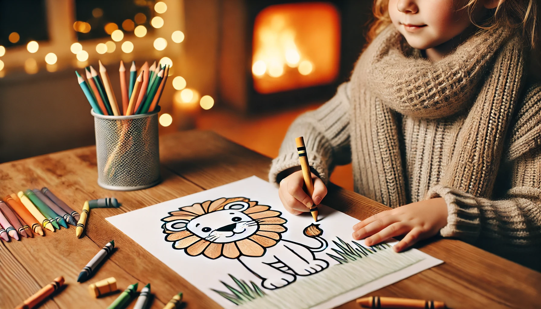 DALL·E 2024-10-28 18.27.59 - A high-definition cozy scene featuring a child coloring a lion-themed coloring page, showing only the child’s hands and side angle as they hold a cray DALL·E 2024 10 28 18 27 59 A high definition cozy scene featuring a child coloring a lion themed coloring page, showing only the child’s hands and side angle as they hold a cray