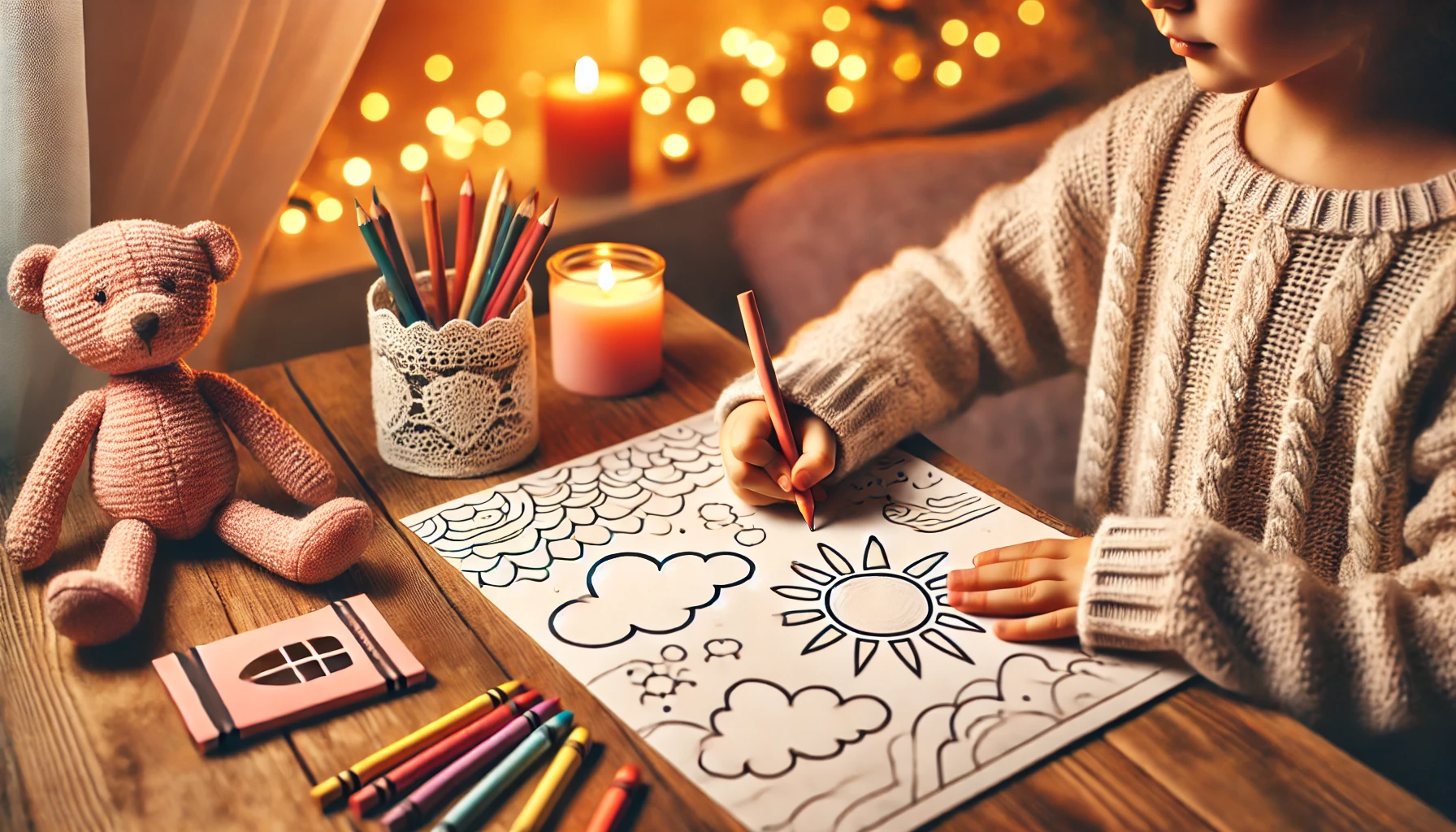 DALL·E 2024-10-28 18.41.06 - A high-definition cozy scene featuring a child coloring a relaxing-themed coloring page, showing only the child’s hands and side angle as they hold a DALL·E 2024 10 28 18 41 06 A high definition cozy scene featuring a child coloring a relaxing themed coloring page, showing only the child’s hands and side angle as they hold a