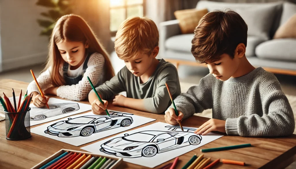 Dall·e 2024 10 30 16 43 07 three children aged 6 to 8 sitting around a low table, each focusing on a car coloring page one child uses colored pencils to shade a sports car, whi