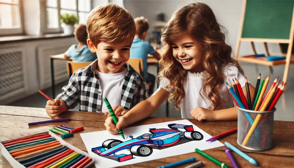 Dall·e 2024 10 30 16 43 08 a young boy and girl, around 5 years old, enthusiastically coloring a race car they’re both smiling, with their crayons and markers spread out in a l