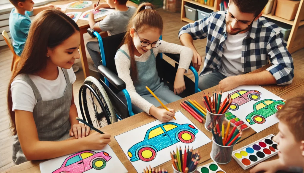 Dall·e 2024 10 30 16 43 12 an 8 year old girl in a wheelchair coloring a complex car design with colored pencils in a classroom setting two friends beside her share coloring ti