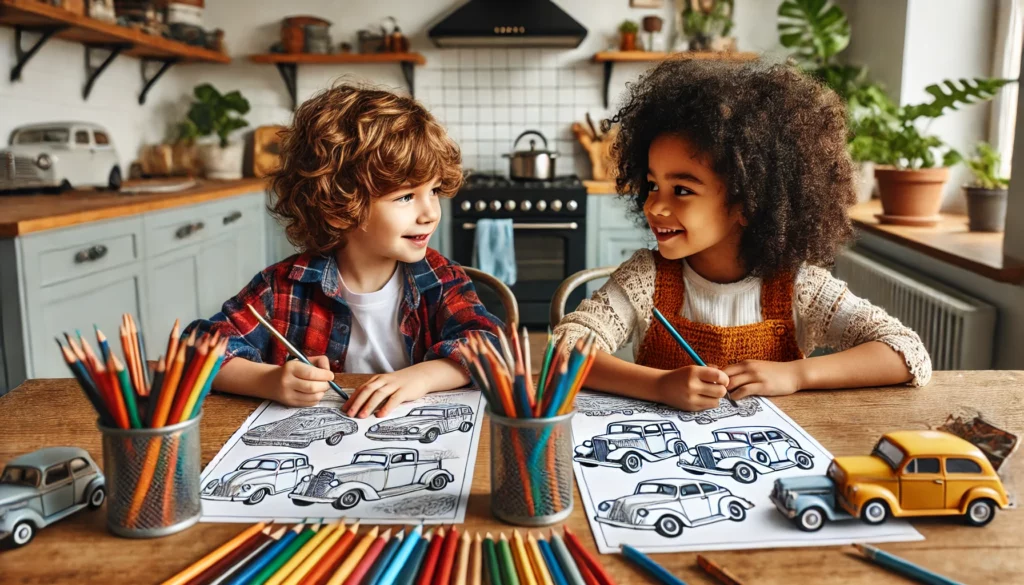 Dall·e 2024 10 30 16 43 14 two children, one with curly hair and another with braids, aged around 6, sitting at a kitchen table filled with colored pencils, markers, and car the