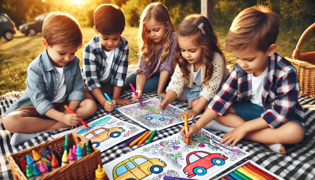 Dall·e 2024 10 30 16 43 17 a group of four kids, aged 5 to 7, coloring together in an outdoor setting, with picnic blankets and car themed coloring pages on their laps the kids