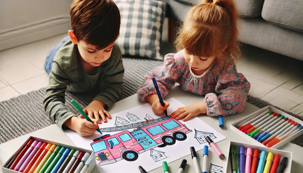 Dall·e 2024 10 30 16 43 19 a brother and sister around 7 years old, coloring a fire truck together on a shared sheet of paper they each hold different colored markers, carefull