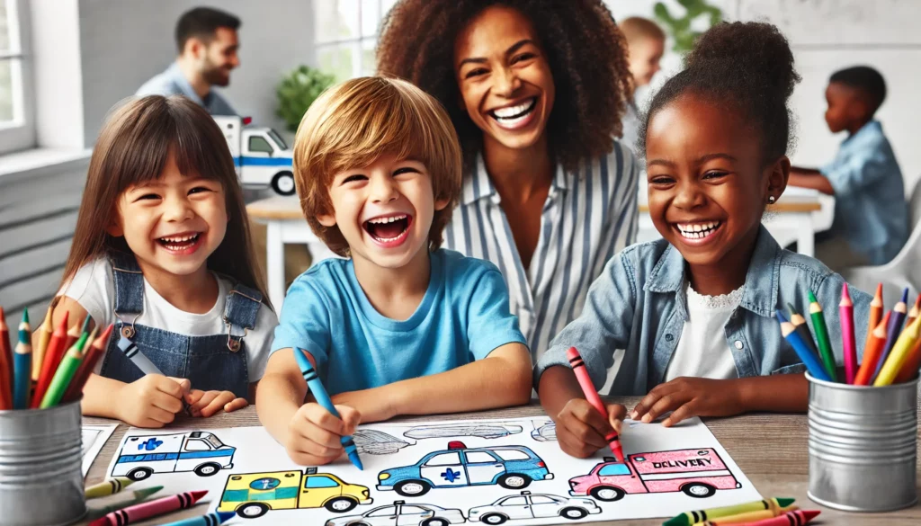 Dall·e 2024 10 30 16 44 46 three children with diverse backgrounds, aged 5 to 8, coloring car pages in a school setting, with a cheerful teacher in the background the kids laug