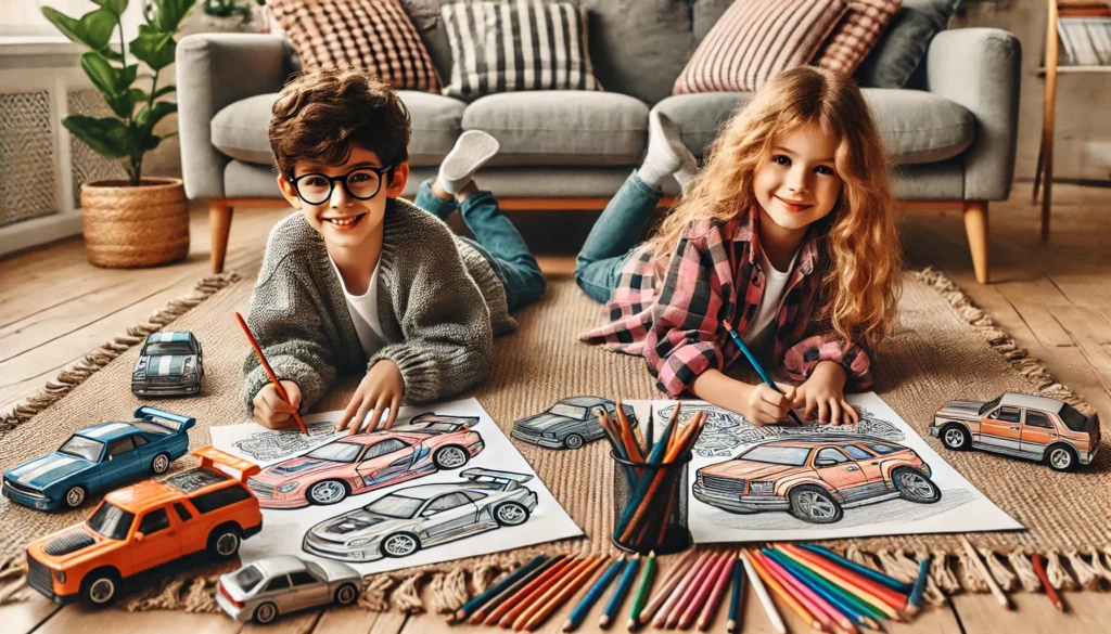 Dall·e 2024 10 30 16 44 56 two friends aged 5 and 6, one with glasses, coloring their favorite cars on a cozy living room rug their pages include race cars and suvs, with color