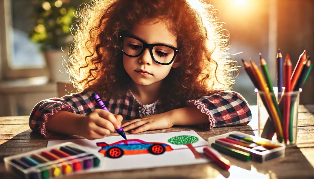 Dall·e 2024 10 30 16 48 51 a young girl with curly hair and glasses carefully coloring a colorful race car on a bright, sunlit table she has a variety of crayons and markers sp