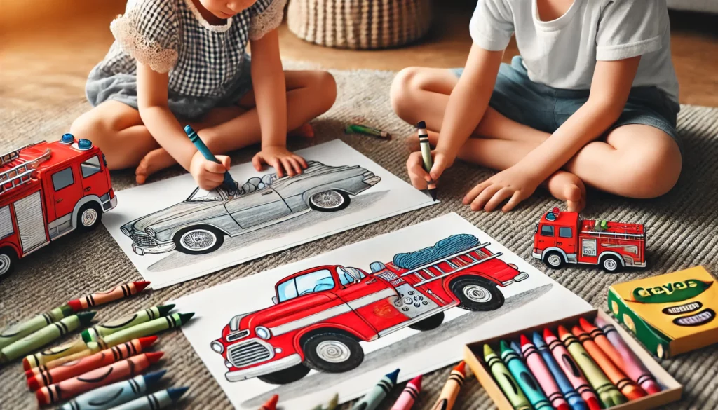 Dall·e 2024 10 30 16 48 54 two children sitting cross legged on the floor with large, printed car coloring sheets in front of them one is coloring a convertible, while the othe