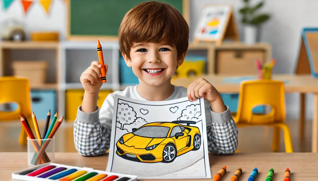 Dall·e 2024 10 30 16 49 03 a young boy with a beaming smile, holding up his finished car coloring page that features a bright yellow sports car his other hand holds an orange c