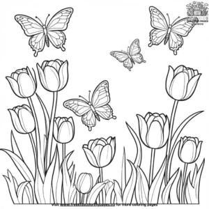 Dancing butterflies with tulips coloring pages