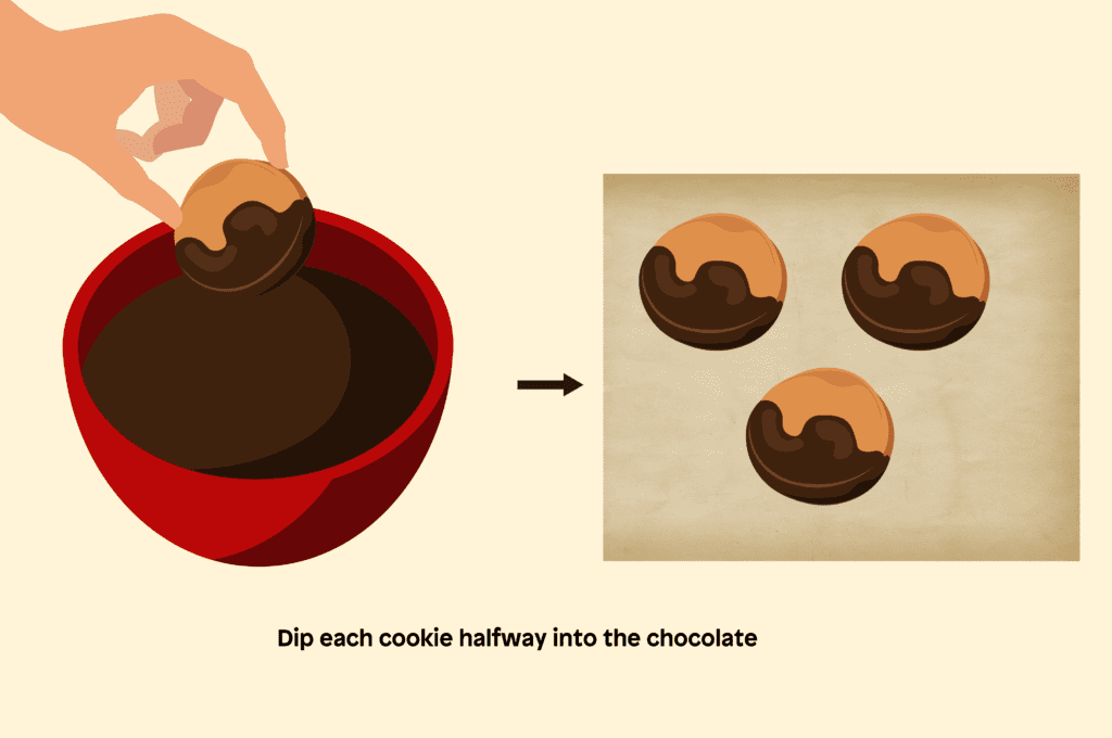 Dip each cookie halfway into the melted chocolate then place them on parchment paper