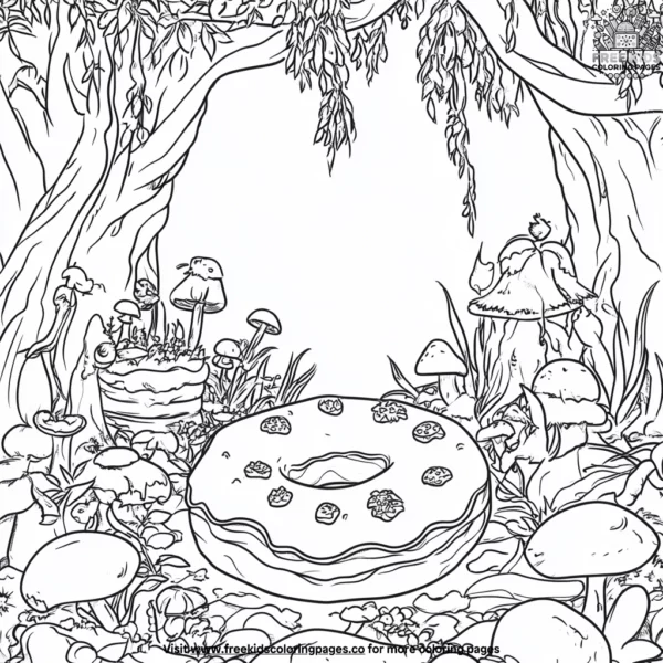 Donuts in a magical garden coloring pages