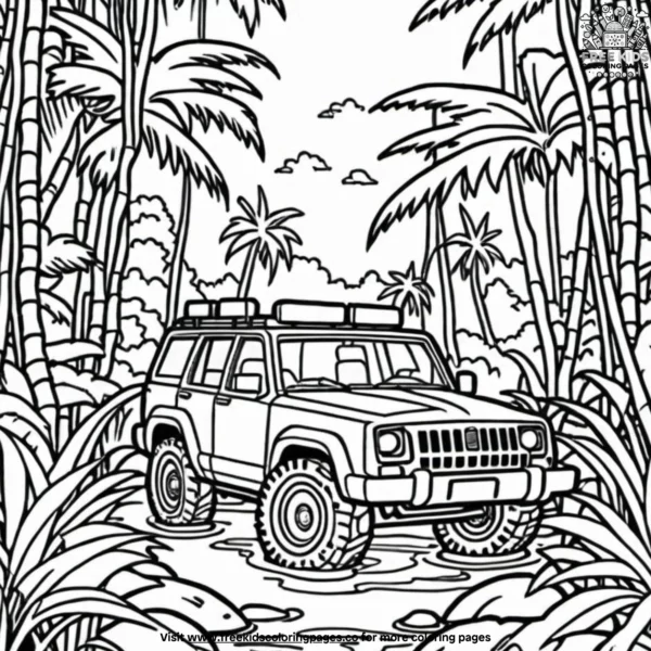 Explorer jeep in the jungle coloring pages