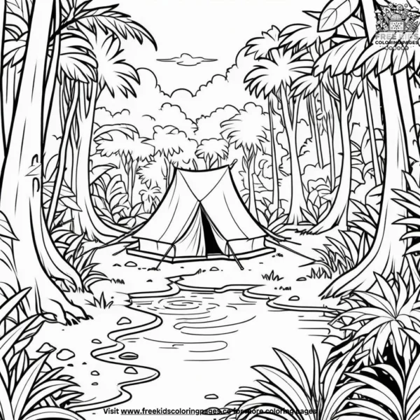 Explorers camp in the jungle coloring pages