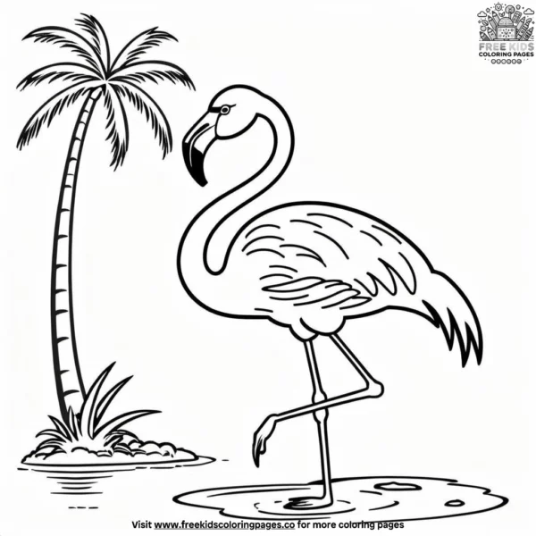 Flamingo and coconut tree coloring pages