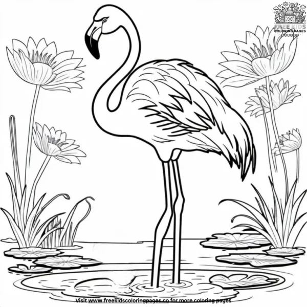 Flamingo in water lilies coloring pages