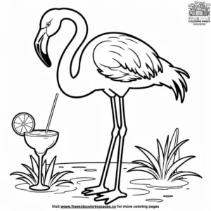 Flamingo with tropical drinks coloring pages