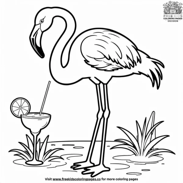 Flamingo with tropical drinks coloring pages