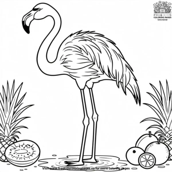 Flamingo with tropical fruits coloring pages