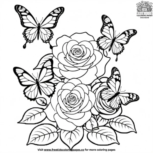 Fluttering butterflies and roses coloring pages