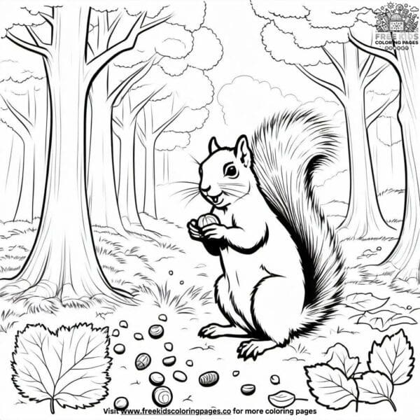 Friendly squirrel gathering nuts coloring pages