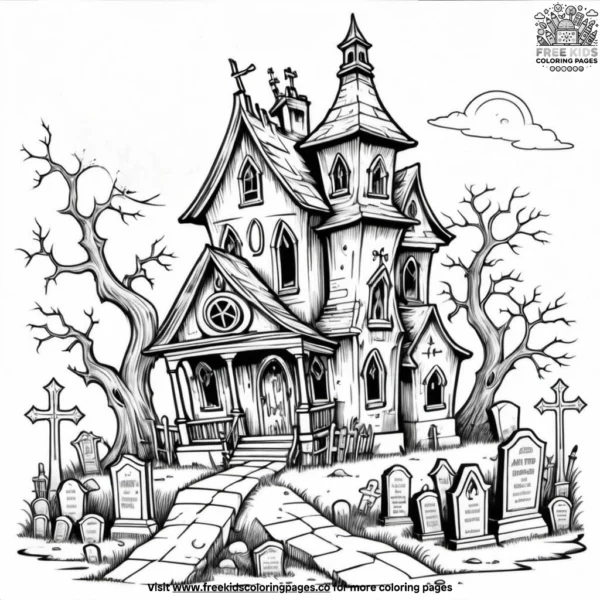 Graveyard next to haunted house coloring pages