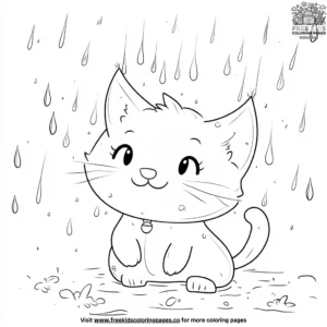 Happy Kawaii Cat in the Rain Coloring Pages