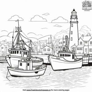 Harbor Scene With Boats Coloring Pages