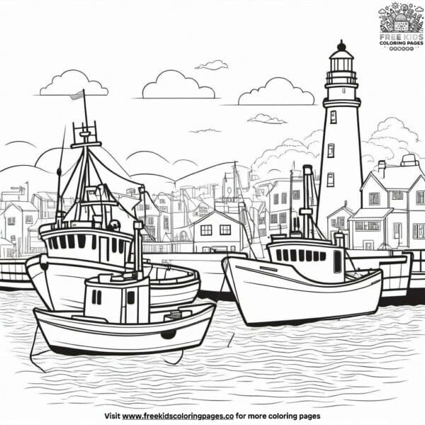 Harbor scene with boats coloring pages