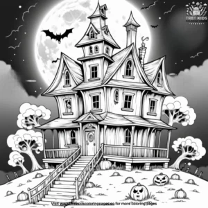 Haunted house beneath a full moon coloring pages