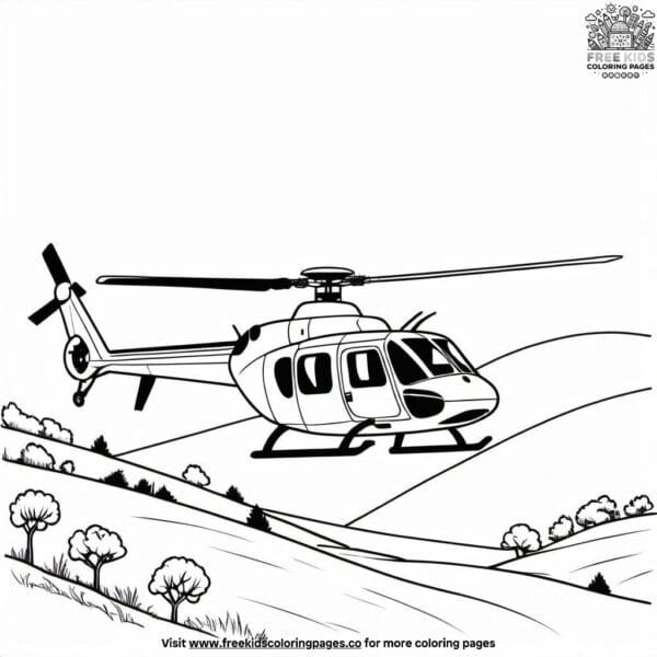 Helicopter hovering over hills coloring pages