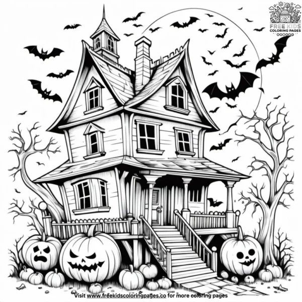 House with bats flying overhead coloring pages