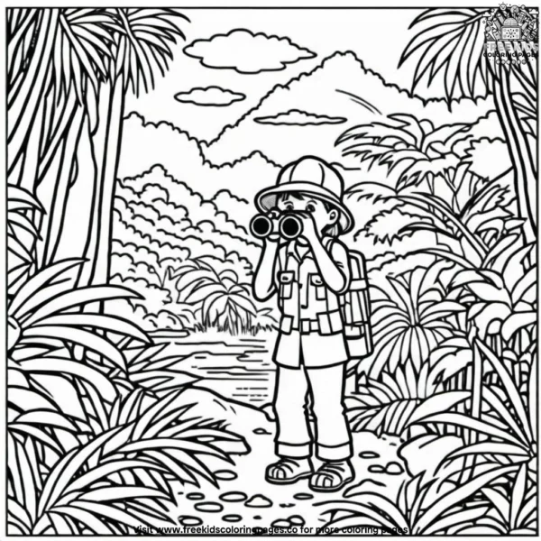 Jungle explorers with binoculars coloring pages