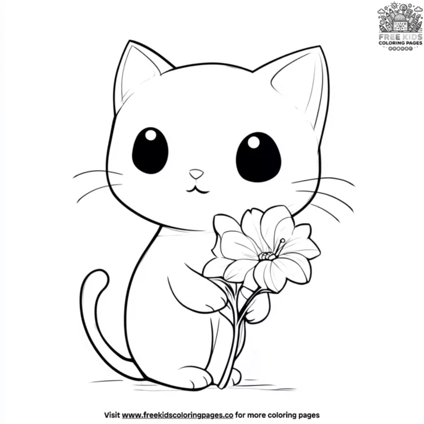 Kawaii cat holding a flower coloring pages